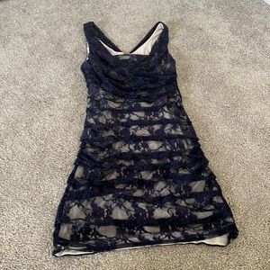 Express navy and cream lace ruched bodycon dress - size 4